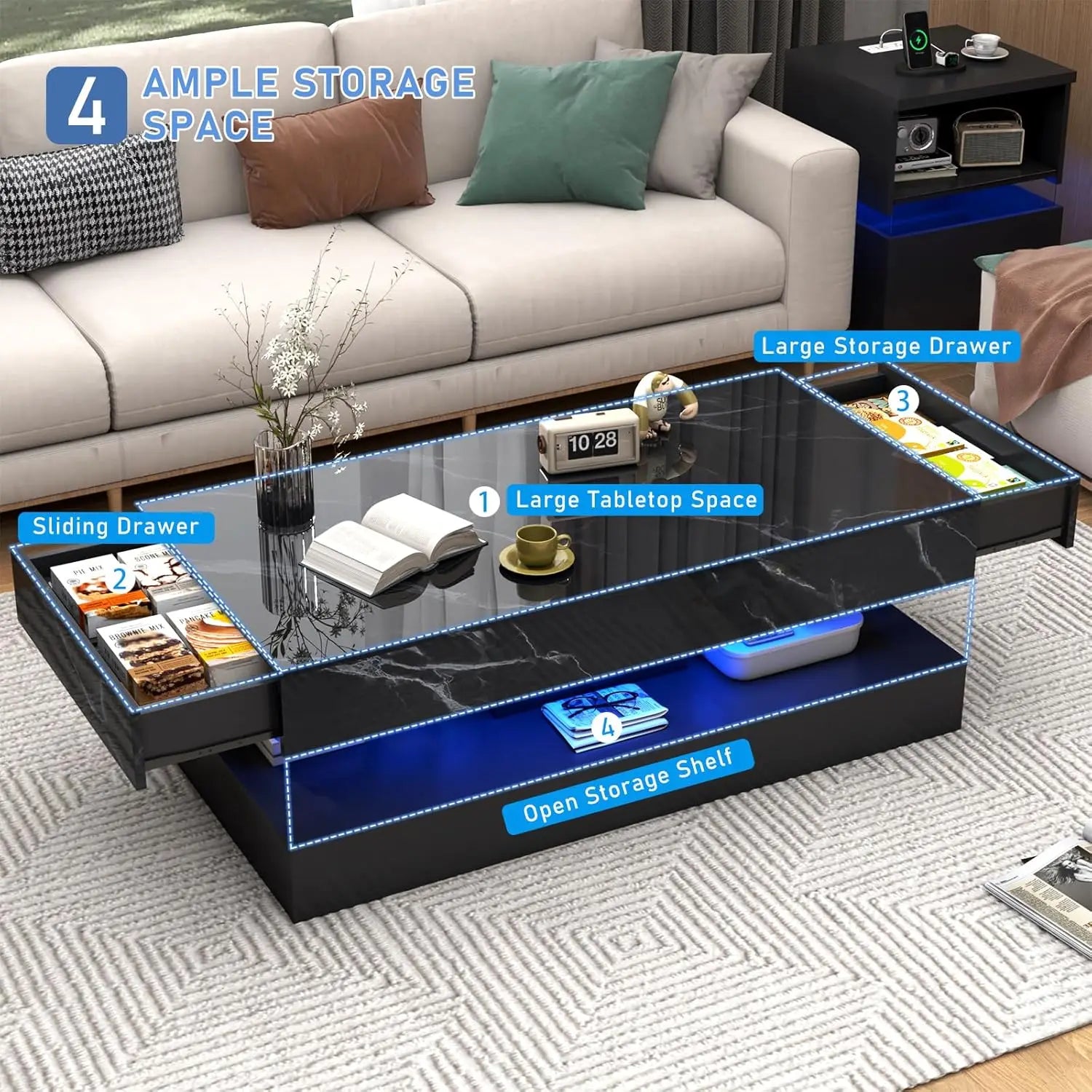 Modern LED Coffee Table with Double-Layer Design & Dual Storage Drawers