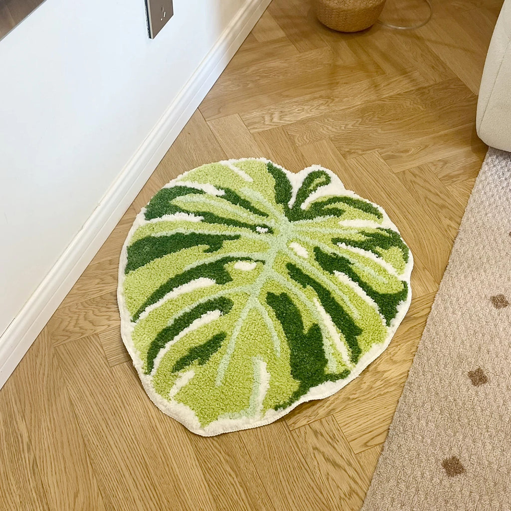 Green Leaf Monstera Tufted Rug – Palm Shaped Anti Slip Bathroom and Entryway Floor Mat