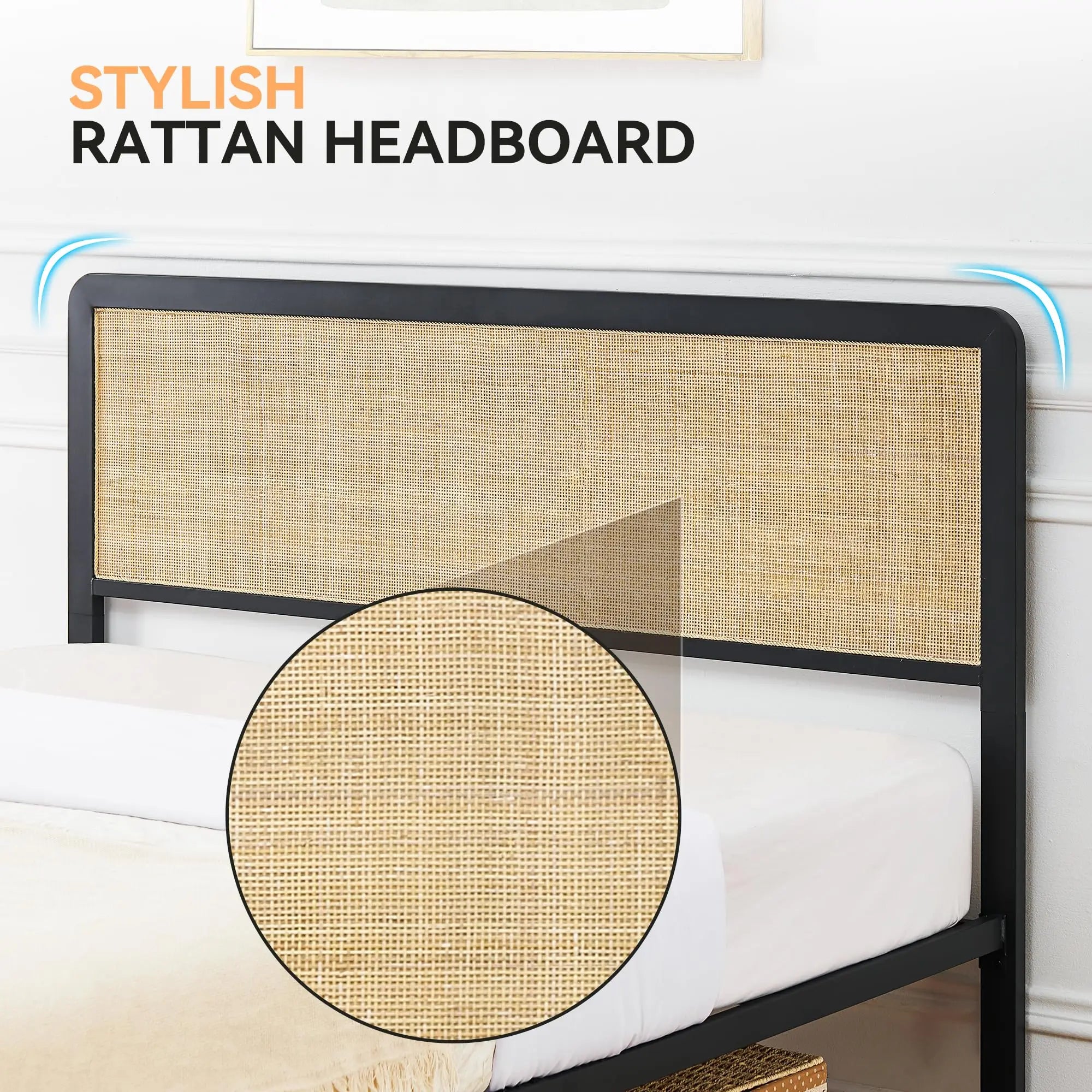 Metal Platform Bed Frame with Rattan Headboard & Footboard – Rounded Corners