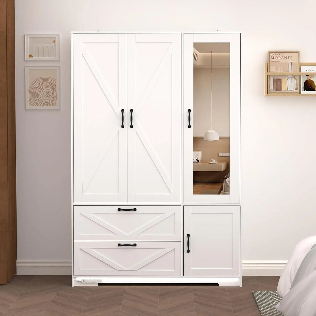 3 Door Armoire Wardrobe Closet with Mirror and LED Light – Bedroom Storage Cabinet with Drawers and Shelves