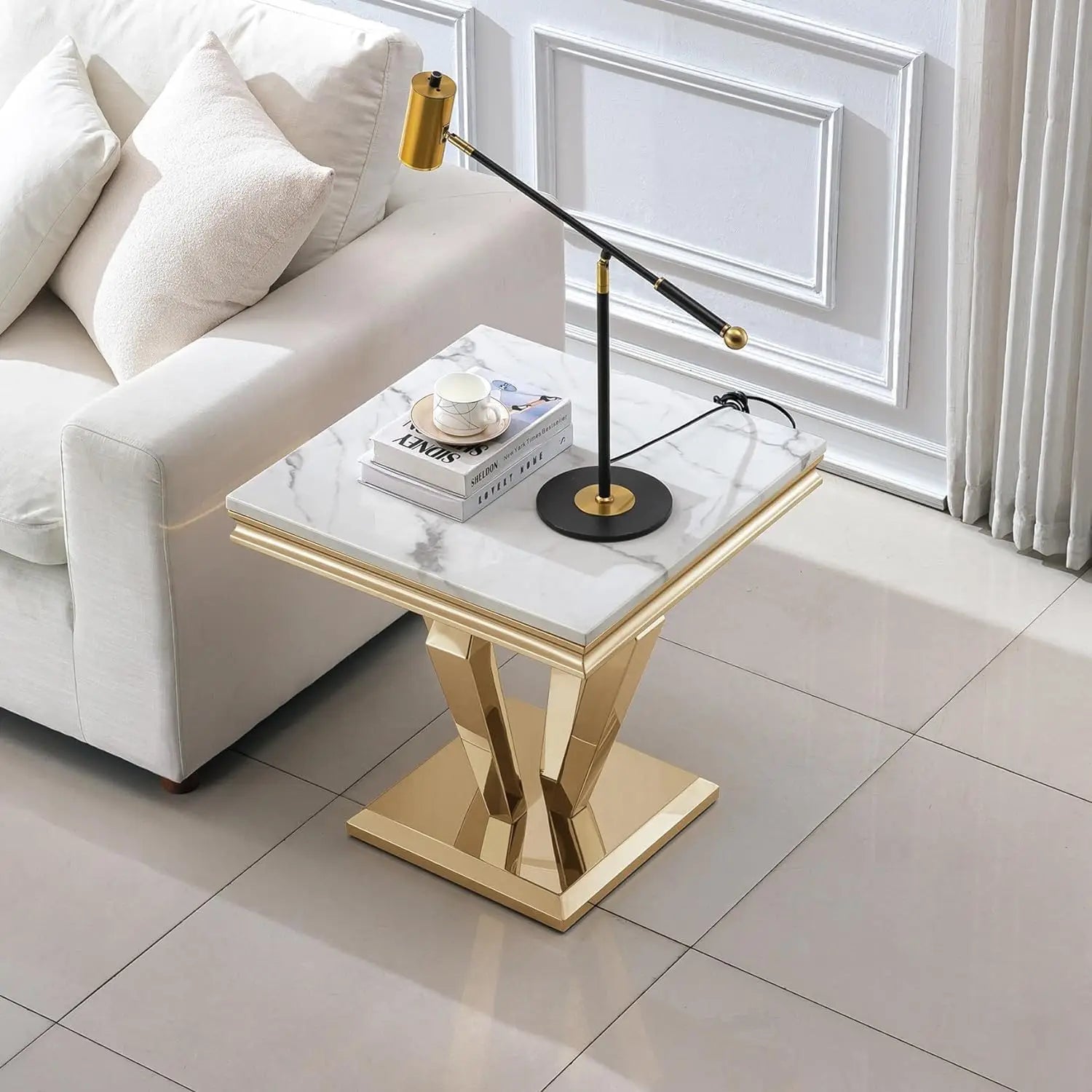 White Marble Side Table Small End Table with Stainless Steel Diamond-Shaped Base,Faux Marble Living Room Side Table, Night Stand