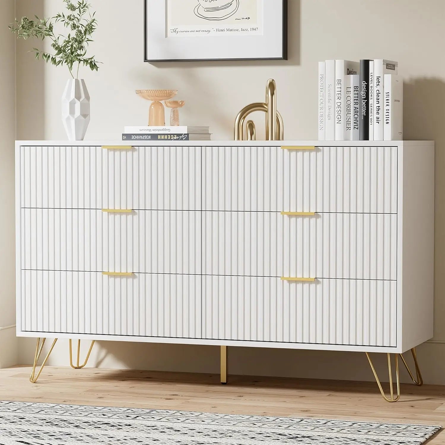 White Modern Dresser with Gold Handles, 47.2'W