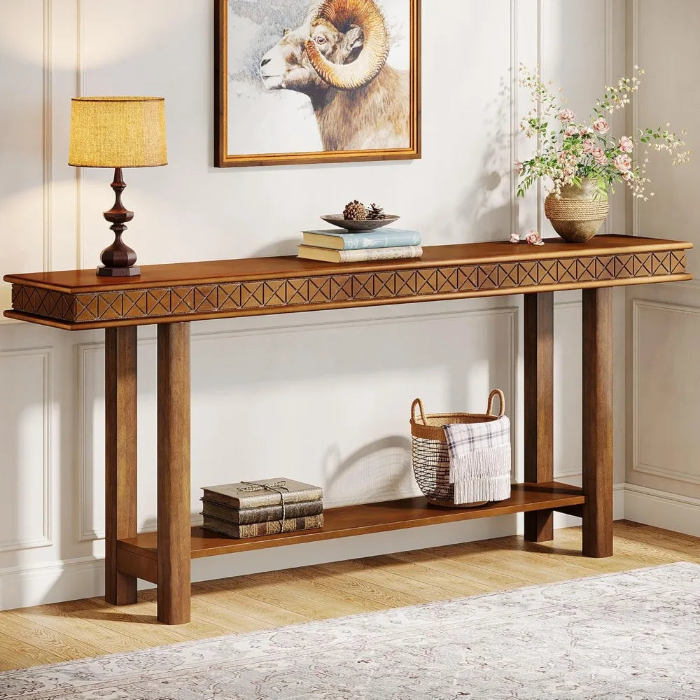 Extra Long Solid Wood Console Table 2-Tier Sofa Table Narrow Entryway Accent Table with Storage for behind Couch Living Room