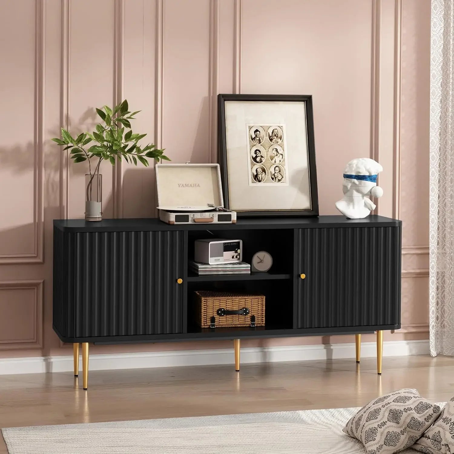 55” Fluted TV Stand, Mid Century Modern Green TV Stand for 55/60/65 inch TV, Entertainment Center with Storage,