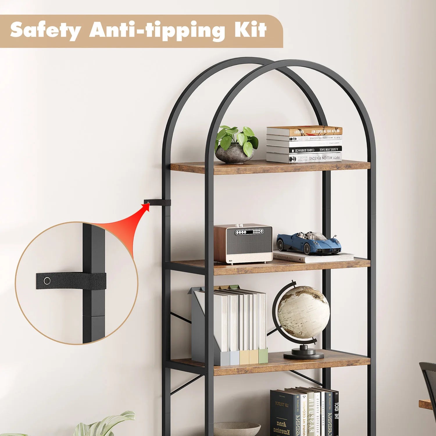 5-Tier Arched Bookshelf – 180 cm Tall Industrial Open Display Rack