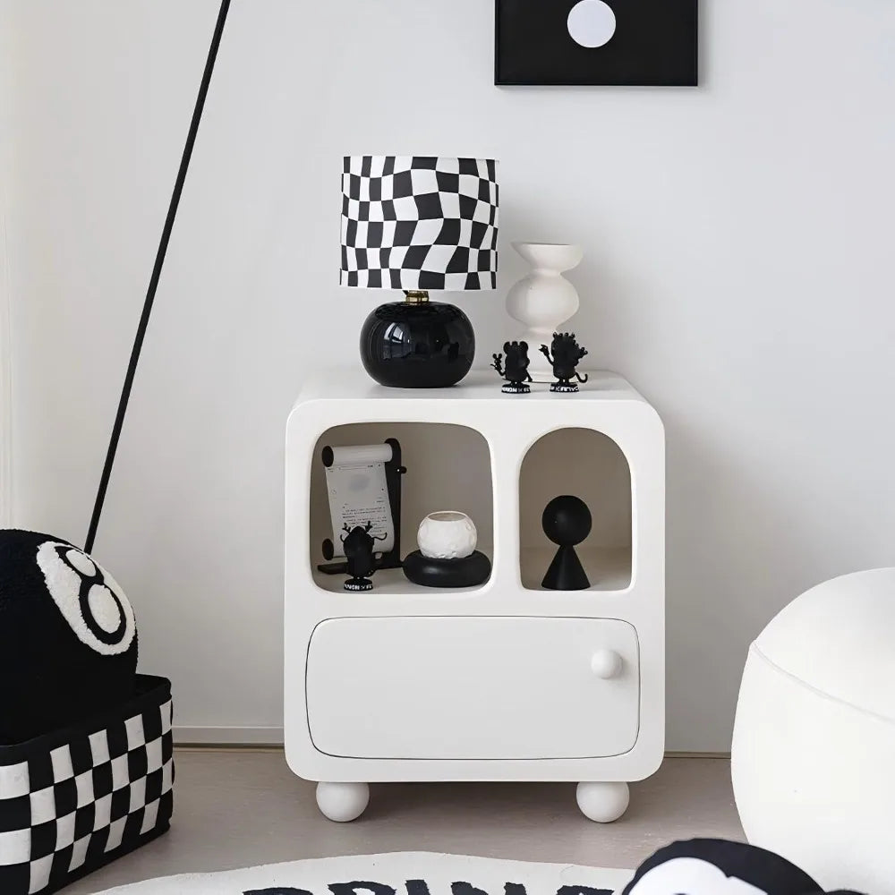 Contemporary White Nightstand with Open Shelf and Drawer, Compact End Table for Bedroom Use