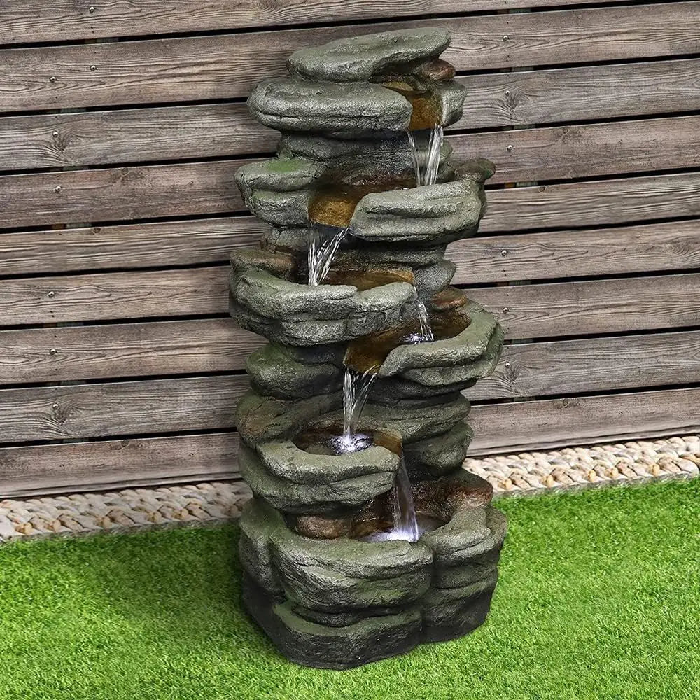 6-Tier Rock Waterfall Fountain with LED Lights, 30.7 Outdoor Home Garden Decor