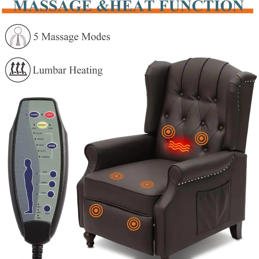 Mid-Century Style Reclining Leather Armchair with Massage and Heat Features, Brown Accent Chair with Tufted Back, Nailhead Trim,