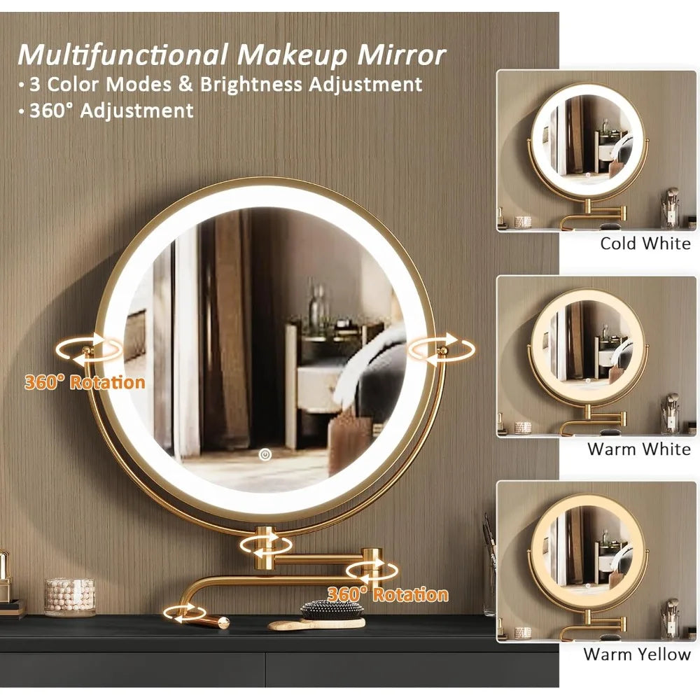 Makeup Vanity Desk with Mirror and Lights, Small Vanity Table with 2 Drawers, Stool,Vanity Set for Bedroom with Microfiber