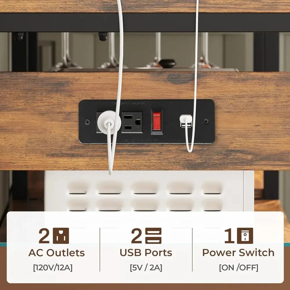 45.3″ Farmhouse Baker’s Rack – Coffee Bar Cabinet with Power Outlet & LED Light