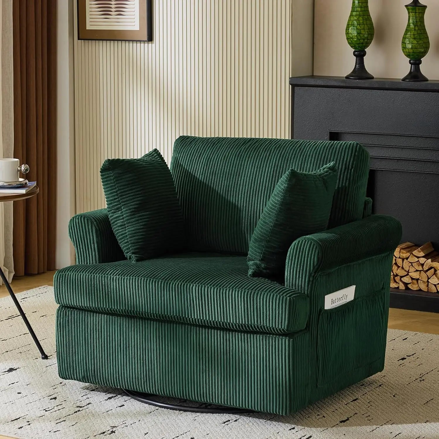 Swivel Accent Chair – 39″ Oversized Corduroy Barrel Armchair with Pillows