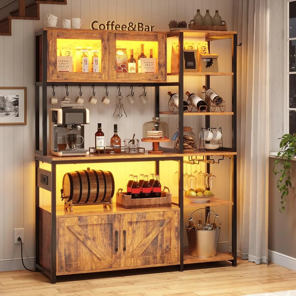 45.3″ Farmhouse Baker’s Rack – Coffee Bar Cabinet with Power Outlet & LED Light