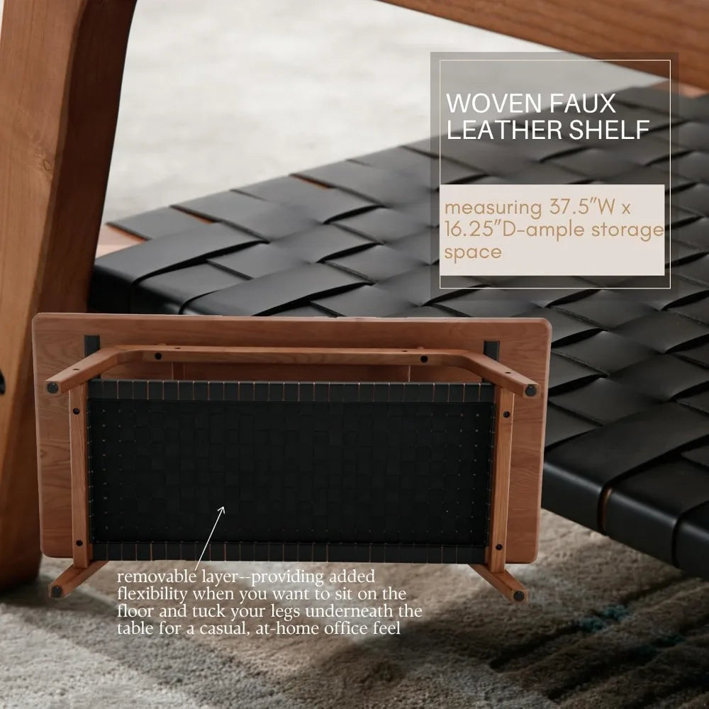 Solid Wood Coffee Table – 47” Mid-Century Modern Rectangular Coffee Table with 2-Tier Storage