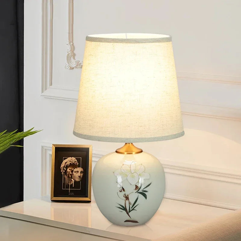 ELARA Ceramic Table Lamps Chinese for Bedside Modern White LED Dimming Desk Light For Home Living Bedroom Decor