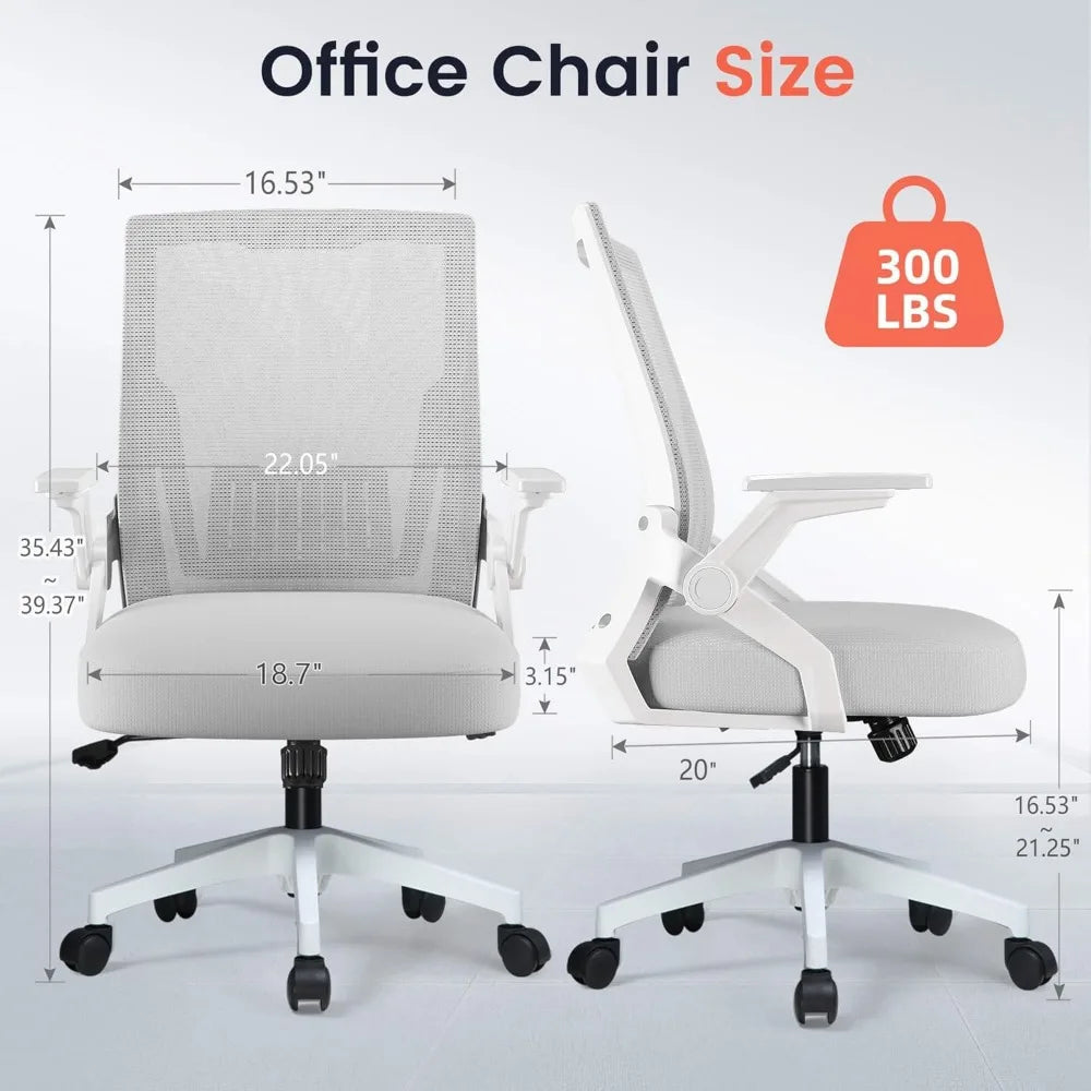 Ergonomic Office Chair with Flip-up Armrests, Breathable Mesh Back, Lumbar Support, Wide Gray Seat for Home and Gaming