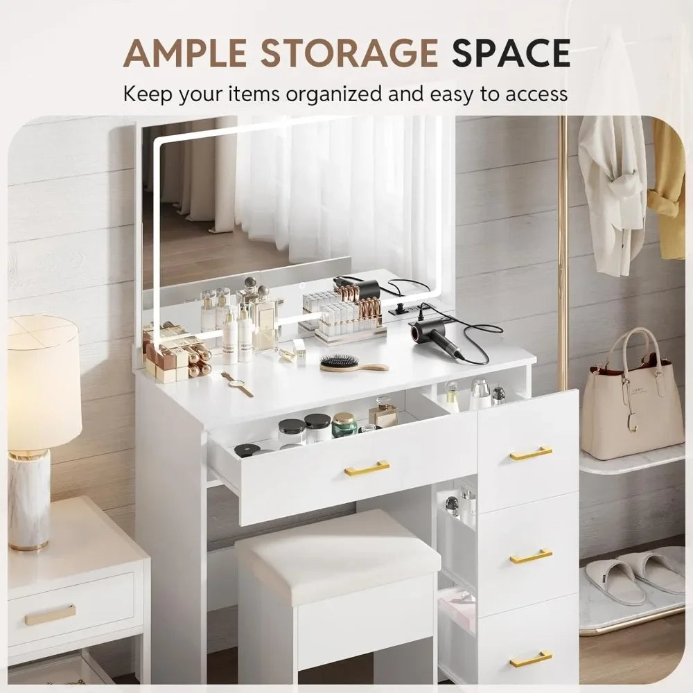 Modern White Makeup Vanity Set with LED Mirror Charging Station 4 Drawers Storage Stool 3-Foot Bedroom Desk