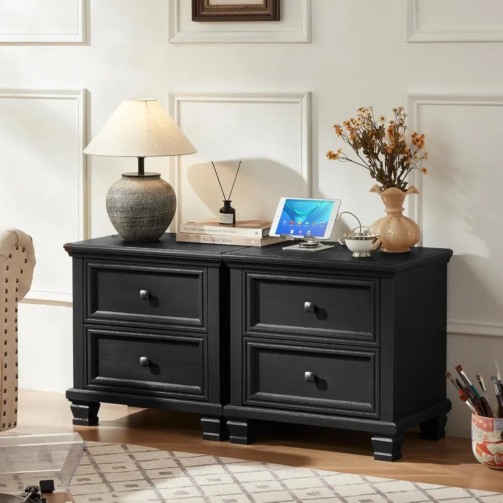 Nightstand with Charging Station, Rustic Low Night Stand with 2 Drawers, Mid-Century Modern End Table with 4 Square