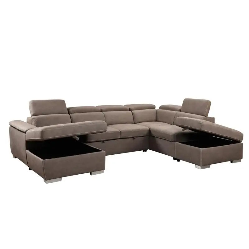 U-Shaped 128" Reversible Sectional Sofa Set with Ottoman, 7-Seater Modular Couch with Storage, Adjustable Headrest, Brown