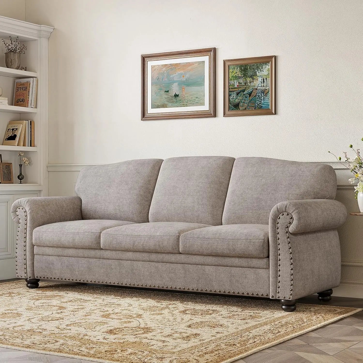 90 Inch Nailhead Trim Couch for Living Room, 23 Inch Deep Seat Rolled Arm Sofa, Comfy Upholstered 3 Seater Chenille Couch w/Wood