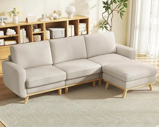 97" Modular Sectional Sofa Light Gray, L-Shaped Couch with Movable Ottoman, Comfy Corduroy Couch with Spring Cushion,