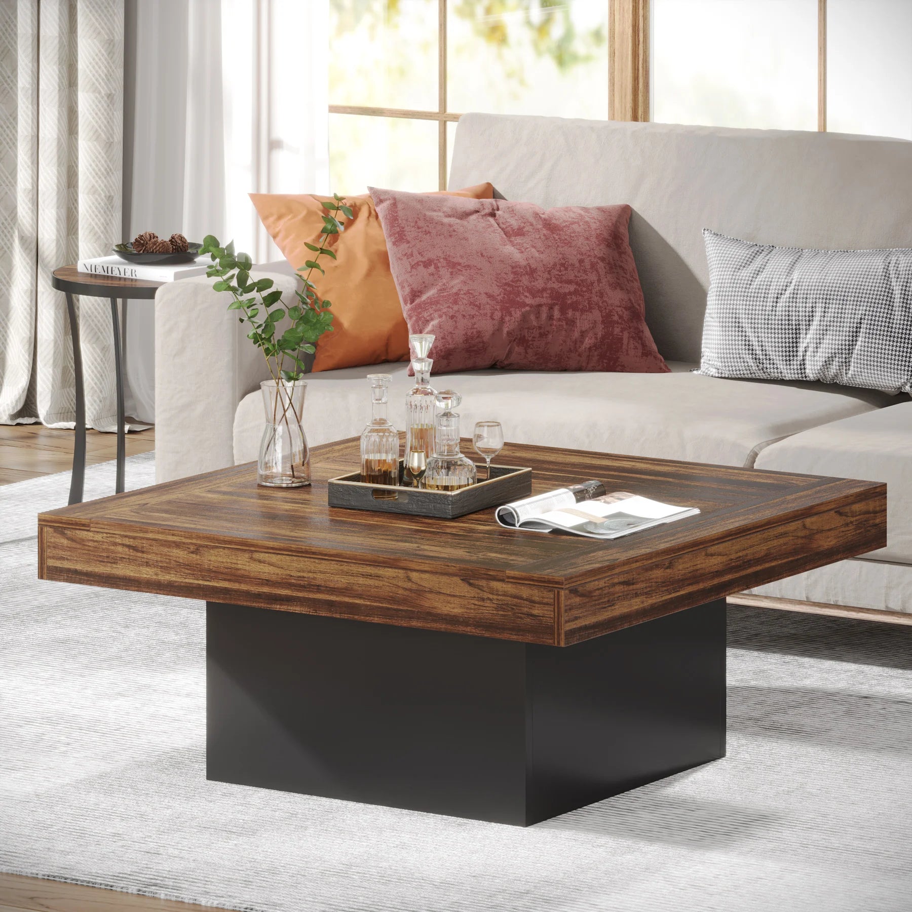 Tribesigns Square LED Coffee Table – Engineered Wood Low Center Table (Rustic Brown & Black)