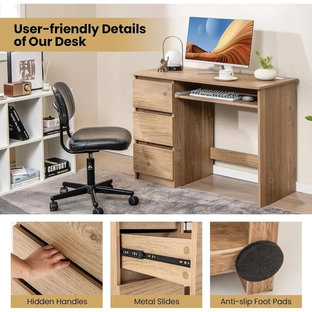 Computer Desk with 3 Storage Drawers & Built-in Charging Station, Home Office Desk with Keyboard Tray, PC Desk Study