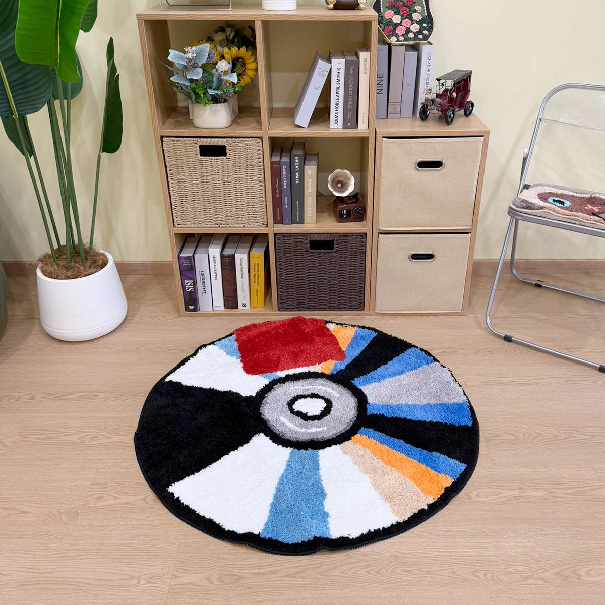 Round CD Shaped Tufted Flocking Rug, 3D Soft Pile Non-Slip Carpet, Modern Home Decor for Living Room Bedroom