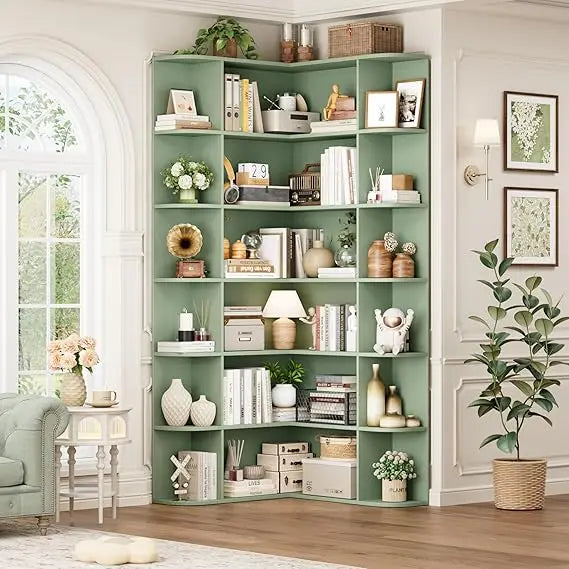 6-Tier Tall Corner Bookshelf – 74″ Wooden Open Storage Bookcase