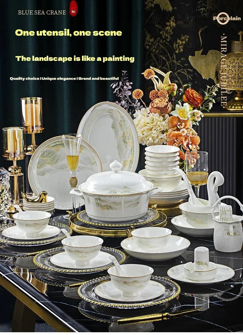 18PCS  Fine Bone China Jingdezhen Dinnerware Sets Ceramic Tableware Full Set Porcelain Bento Party Dinner Plate Gold Line Design