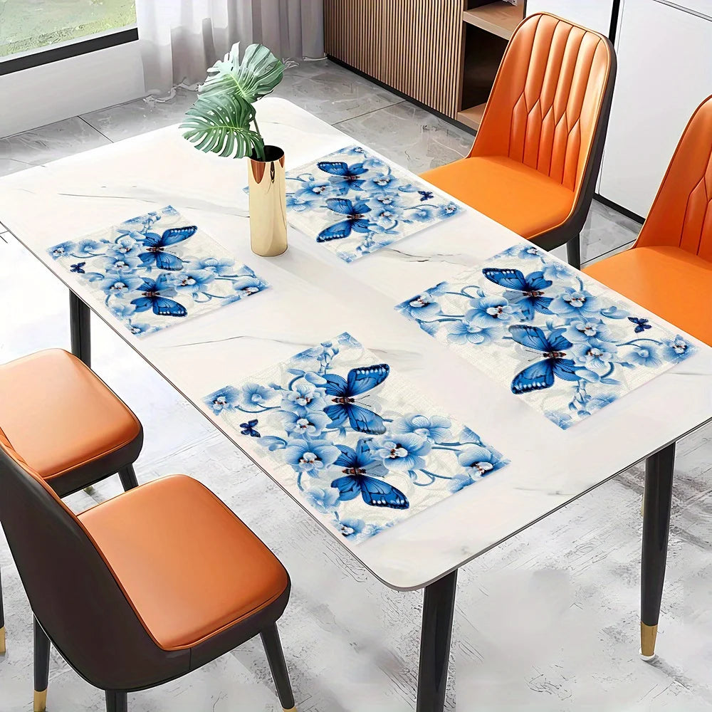 4pcs Creative and Butterfly Love Flower Printed Linen Placemats Make Your Restaurant Kitchen More Beautiful