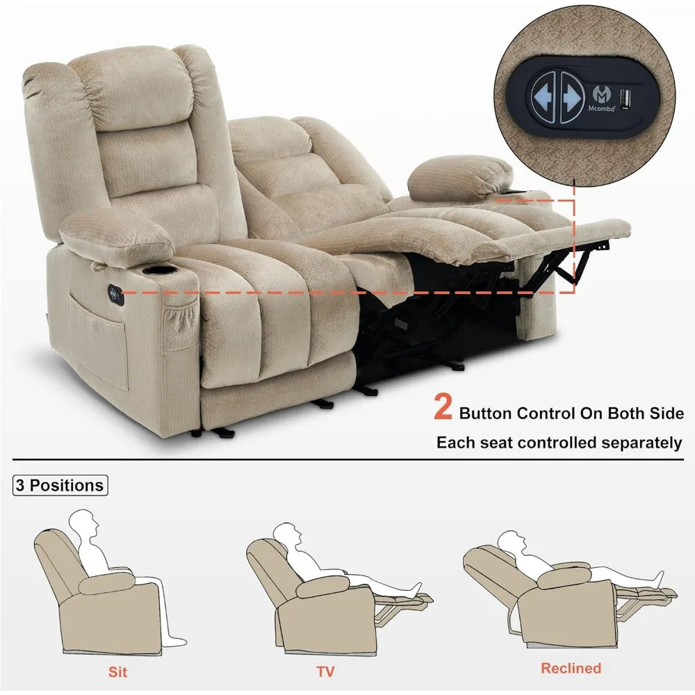 55.9" Power Loveseat Recliner with Heat and Vibration, Fabric Electric Loveseat Recliner, USB Charge Port, Cup Holders for Livi