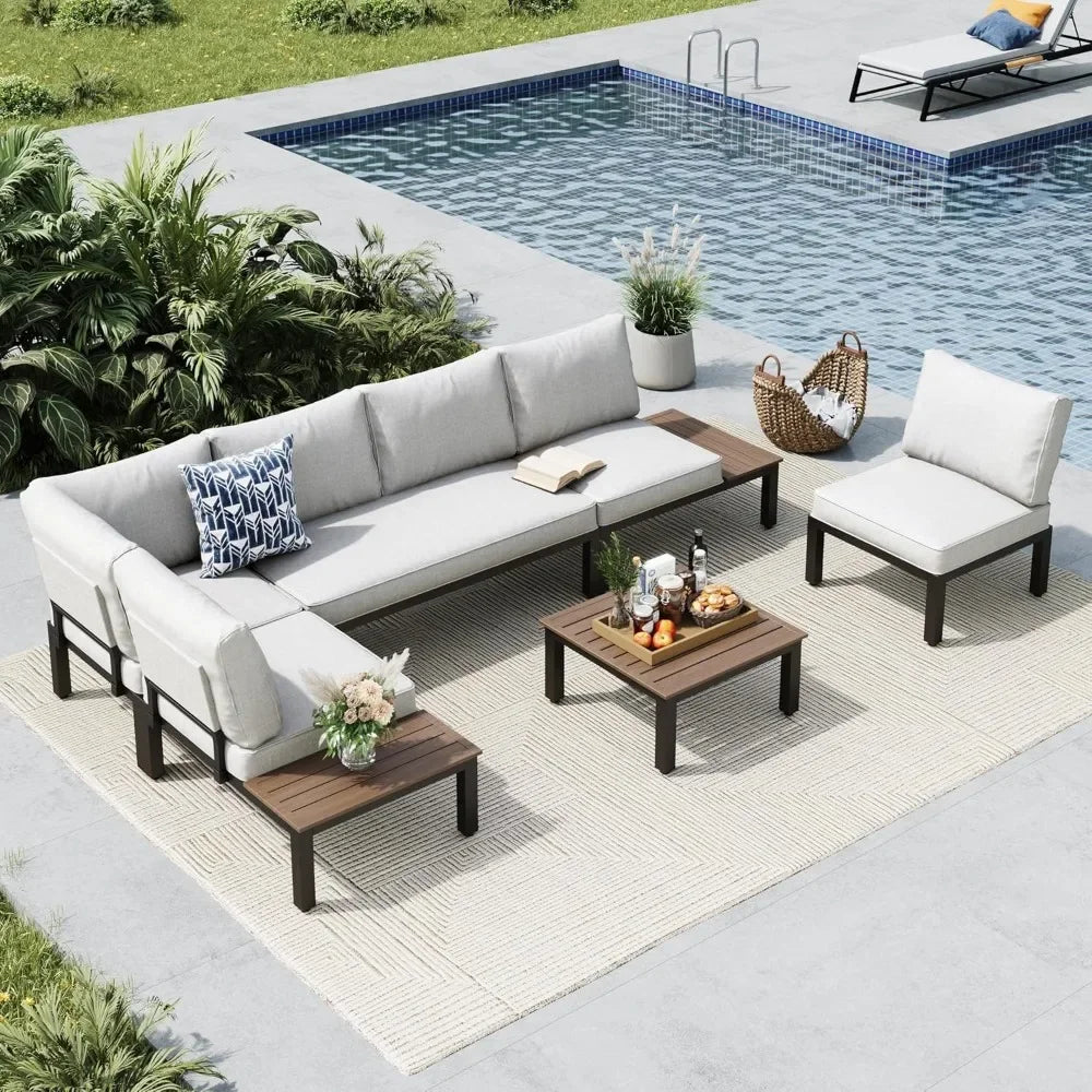 6 Pieces Patio Furniture Set - Outdoor Metal Frame Sectional Sofa Conversation Set with Coffee Table & Removable Cushions for Co