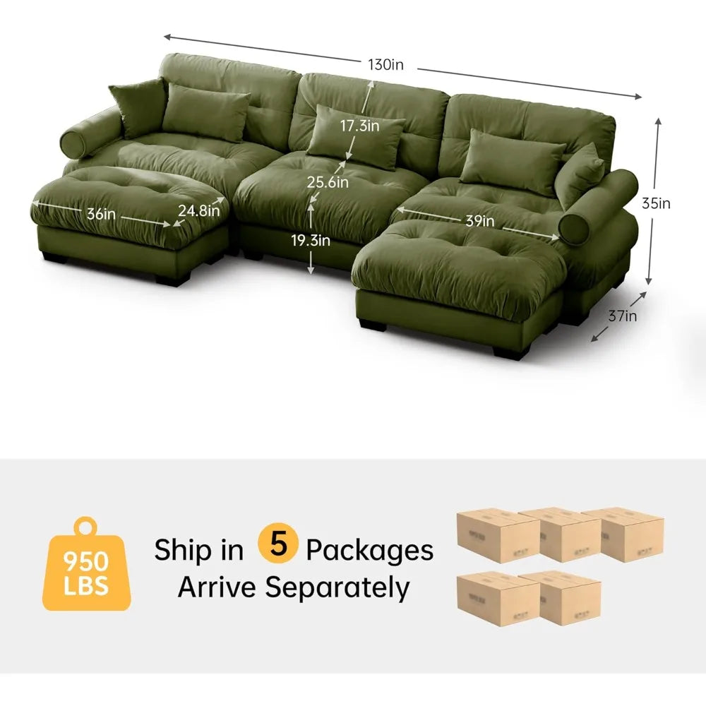 Velvet Modular Sectional Sofa,130" W Oversized U Shape Cloud Couch with 2 Ottomans,Free Combined 3 Seater Comfy Sofa