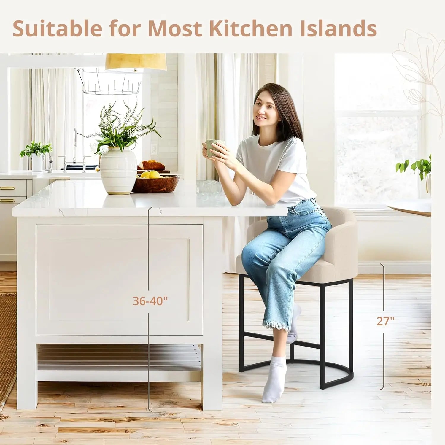 27″ Counter-Height Bar Stools – Modern Stools with Curved Back & Arms (Set of 3)