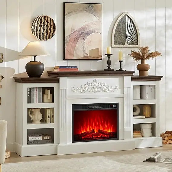 Electric Fireplace with Mantel, Fireplace TV Stand with Replaceable Fireplace Insert and Storage, Farmhouse Entertainmen