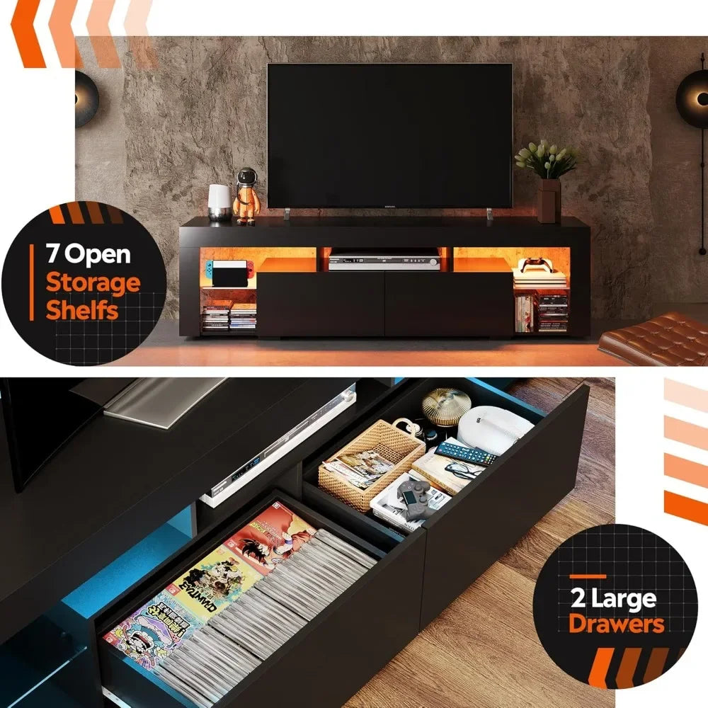 63 Inch TVs Stand, LED Entertainment Center for 60 To 70 Inch TV, Modern TV Console with 2 Drawers, TVs Stands