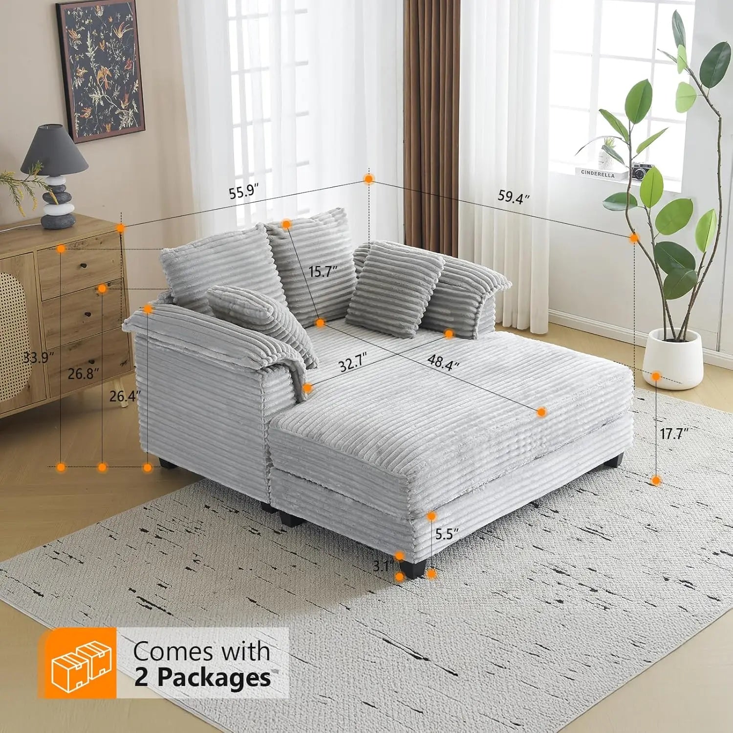 56" Oversized Chaise Lounge Chair, Light Grey Comfy Corduroy Chaise Sofa Recliner Bed Upholstered Sleeper Couch Bed with Throw P