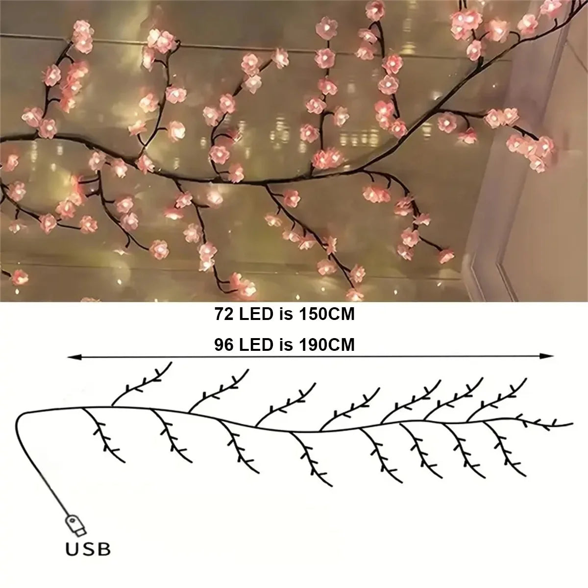 72/96 LED USB cherry blossom vine string lights with 8-mode DIY plastic flower theme for parties weddings outdoor decoration