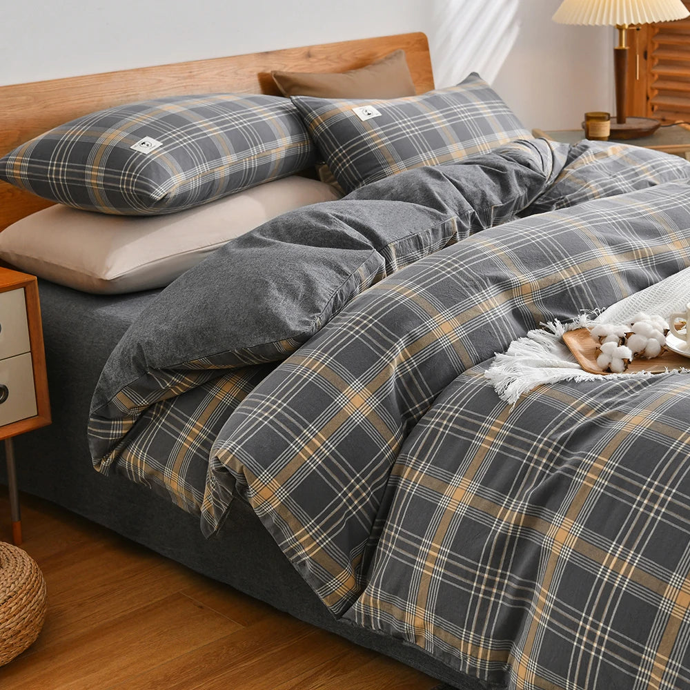 Cotton Duvet Cover Set – Japanese Grid Style (King Size, 220×240)