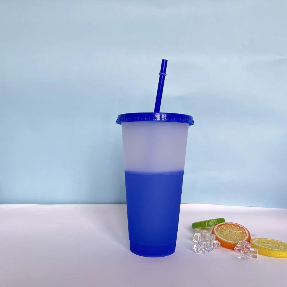 New 24oz 10Pcs Color Changing Cups with Lids and Straws 710ml Plastic Tumblers Cute Iced Coffee Cup Reusable Cups Bulk