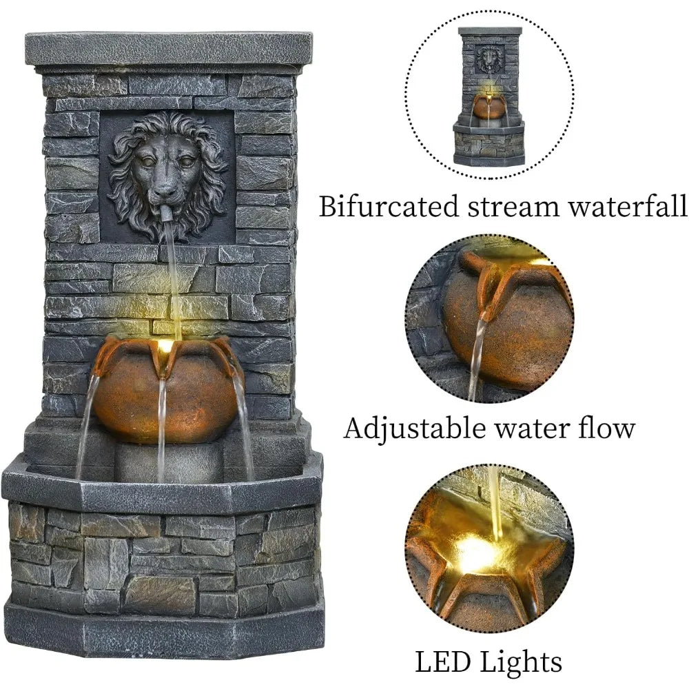 Outdoor Garden Floor-Standing Water Fountain Lion Head Stone with Lights Outdoor Waterfall for Patio, Backyard, Deck, Po