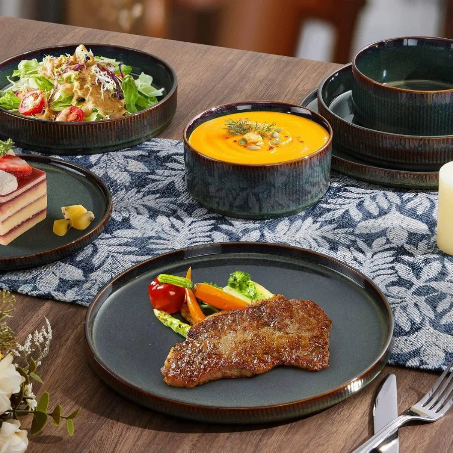 Dinnerware Sets with Pasta Bowls 16 Piece Plates and Bowls Set for 4 Ribbed Stoneware Dishes Set for Kitchen Dining Microwave a