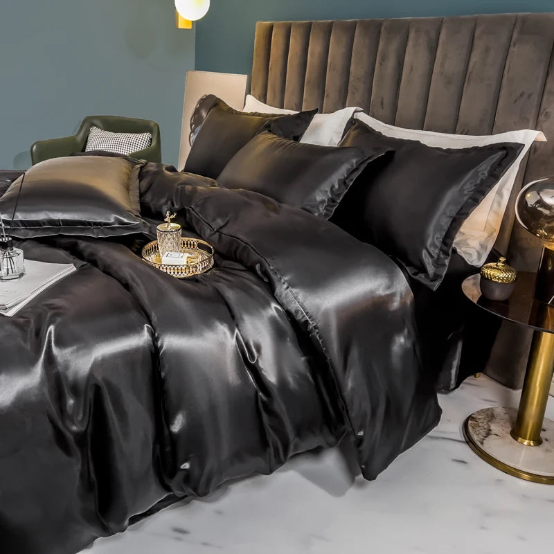 Solid Silk Bedding Set with Duvet Cover Bed Sheet Pillow Case Luxury Single Double Couple Rayon Satin Pillowcases Bedsheet