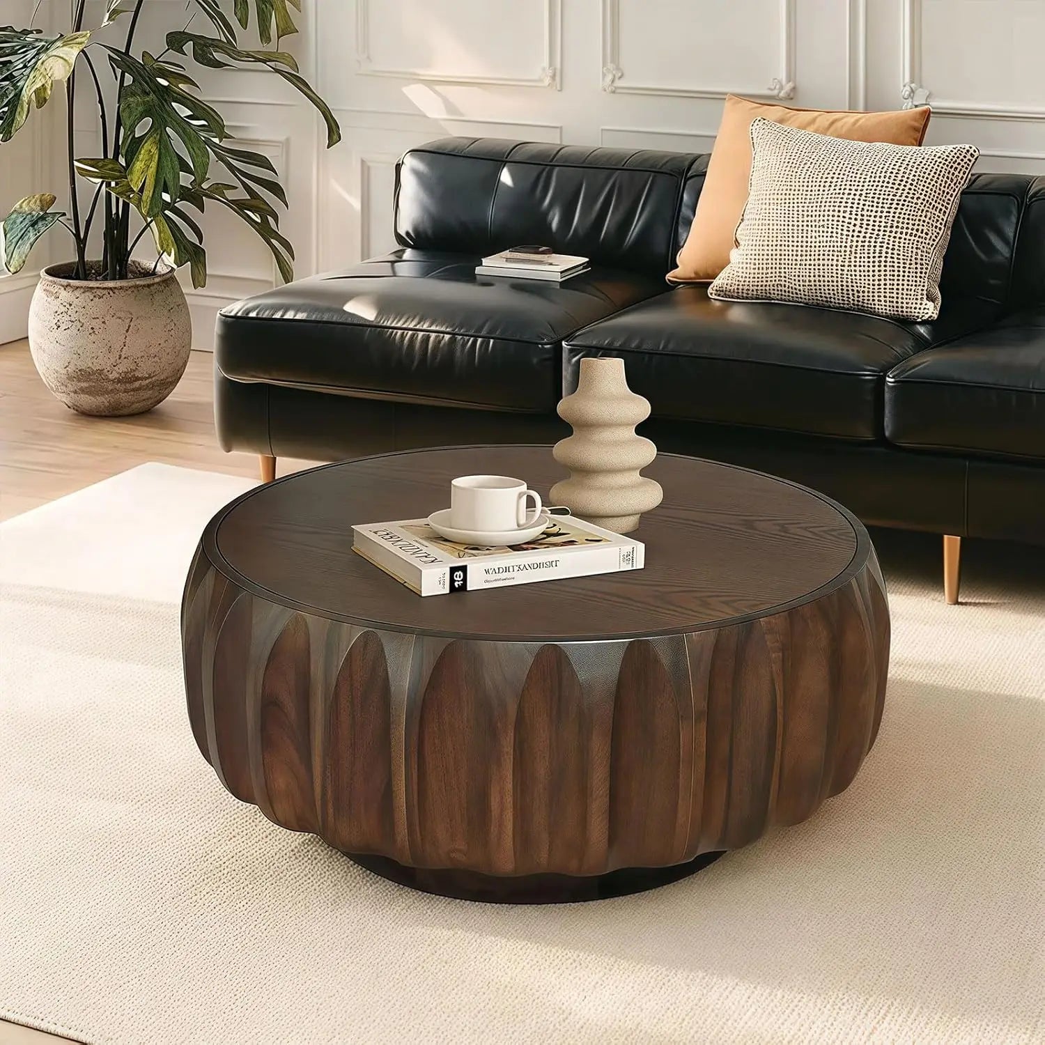 31.5” Round Black Coffee Table – Mid-Century Modern Solid Wood Fluted Center Table