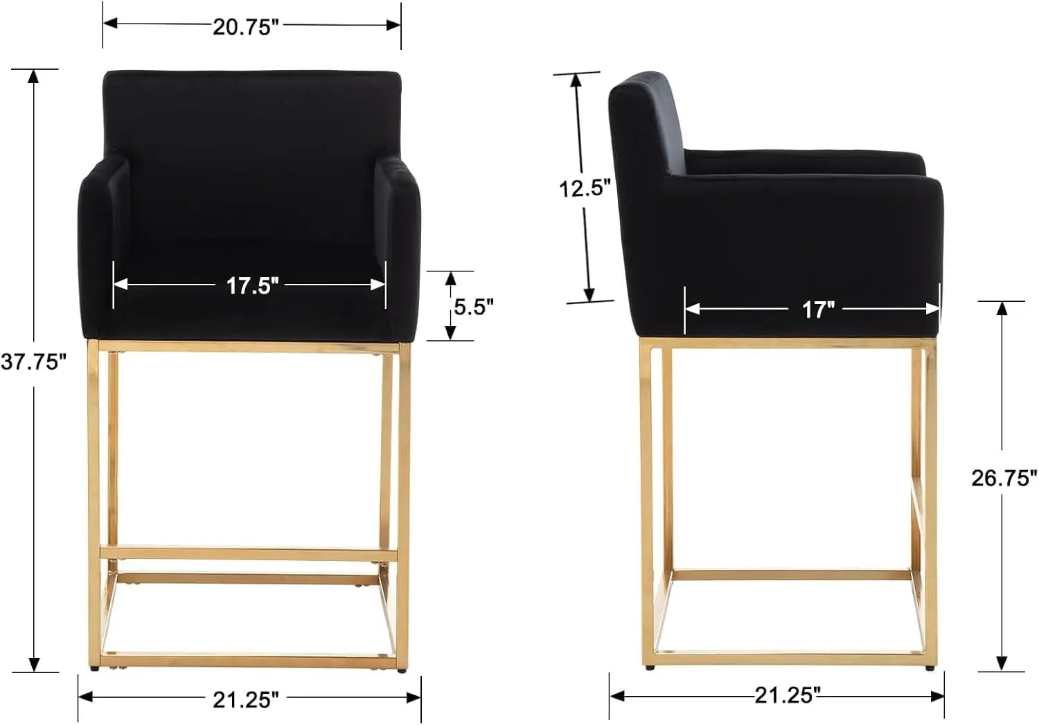 Modern Velvet Counter-Height Bar Stools – Gold Metal Frame with Back (Set of 2, Black)