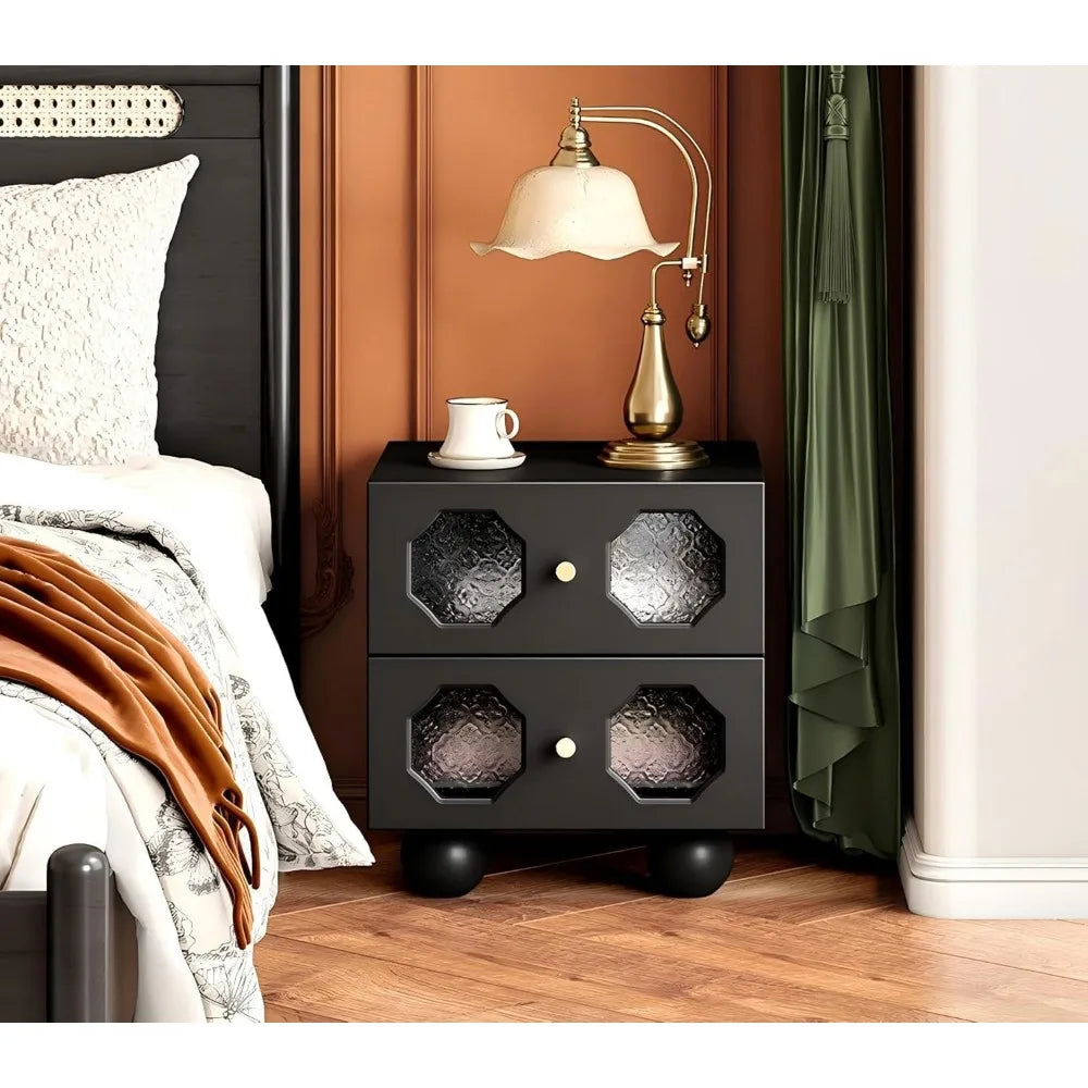 Mid-Century Style Black Wood Nightstand with Two Drawers, Compact Accent Table for Bedroom Use