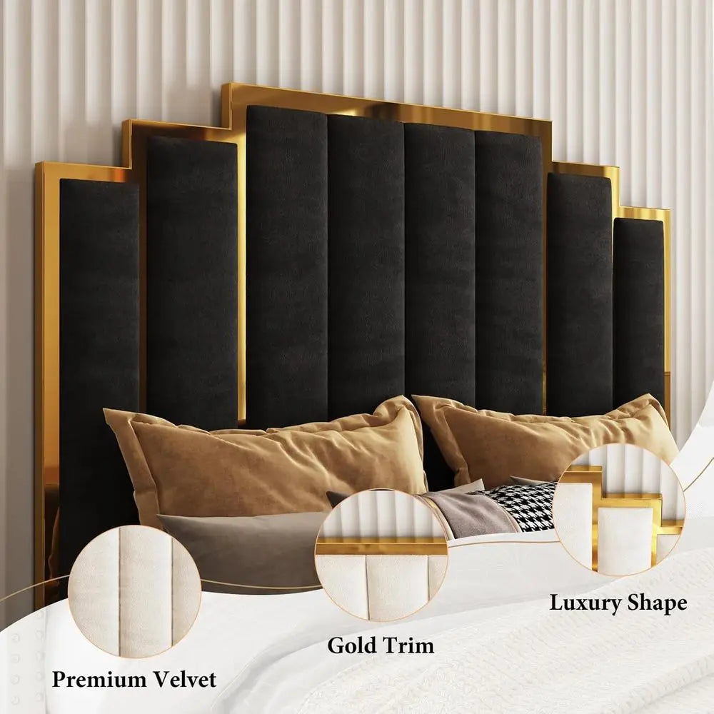 Modern Velvet Queen Bed Frame – 61.4″ Tall Gold Headboard (Black)