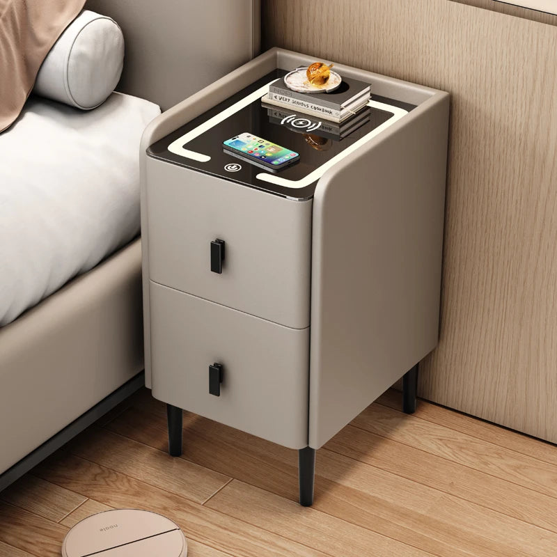 Ultra Narrow Smart Nightstand Luxury Bedside Table Minimalist Solid Wood Storage Cabinet Compact Bedroom Organizer with Charging