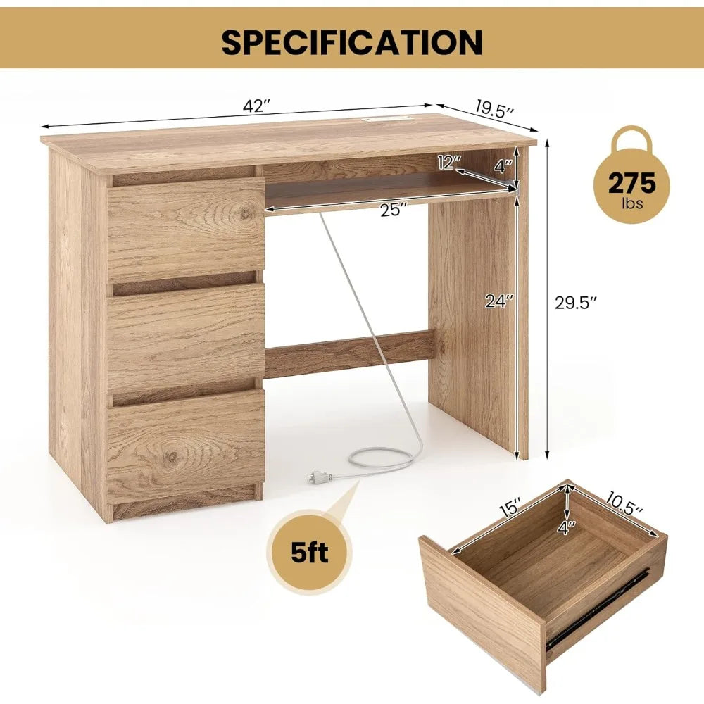 Computer Desk with 3 Storage Drawers & Built-In Charging Station – Home Office PC Desk with Keyboard Tray