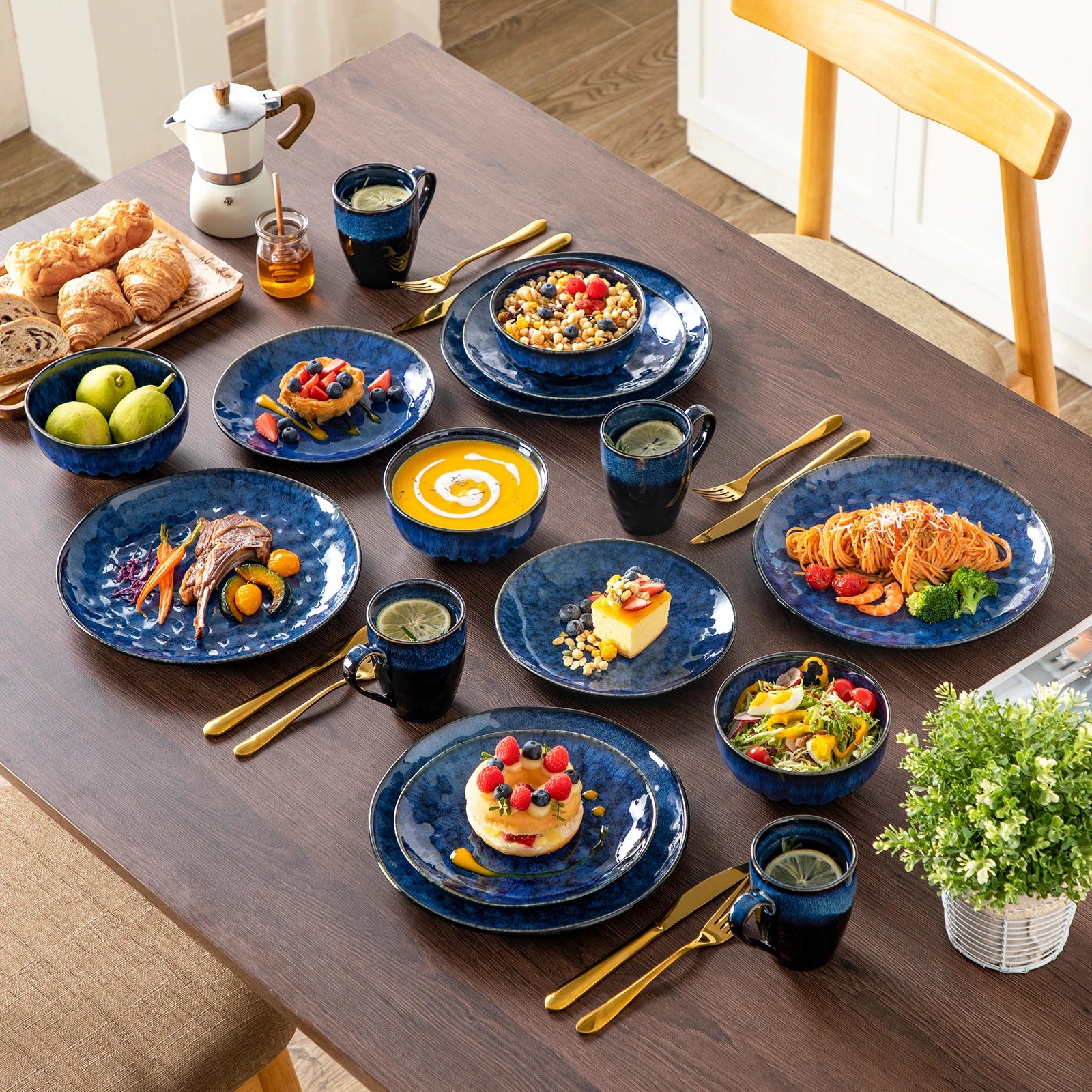 vancasso 16/32/48-Piece Starry Blue Dinner Set,Kiln Change Glaze Tableware Dinner Set with Dinner Plate,Dessert Plate,Bowl,Mug